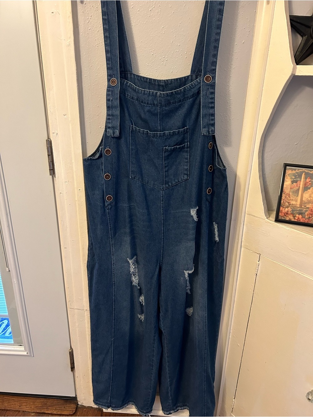 Cute! Denim Blue Women’s Light Weight Distressed Overalls - like new Size XL